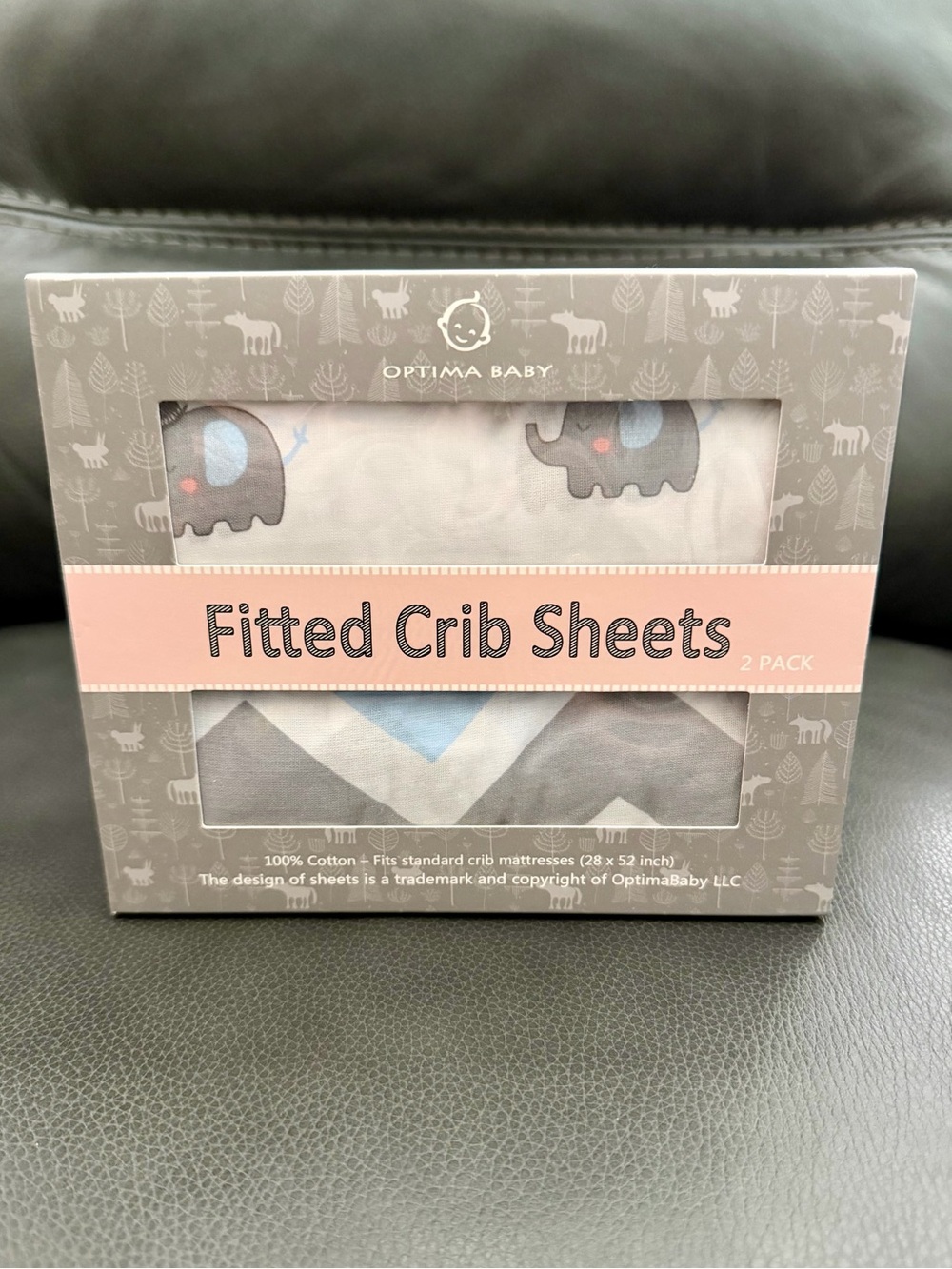 New!! Optima Baby 2 Pack Cotton Fitted Crib Sheets!! Elephants/Chevron print!